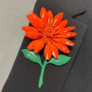 Vintage Large Orange Enamel Flower Brooch with Stem 1960s